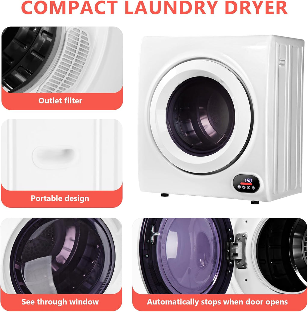 Compact Laundry Dryer, 3.5 cu ft Front Load Stainless Steel Clothes Dryers With Exhaust Pipe, 1500W, LCD Control Panel Four-Function Portable Dryer For Apartments, Home, Dorm, White wourant