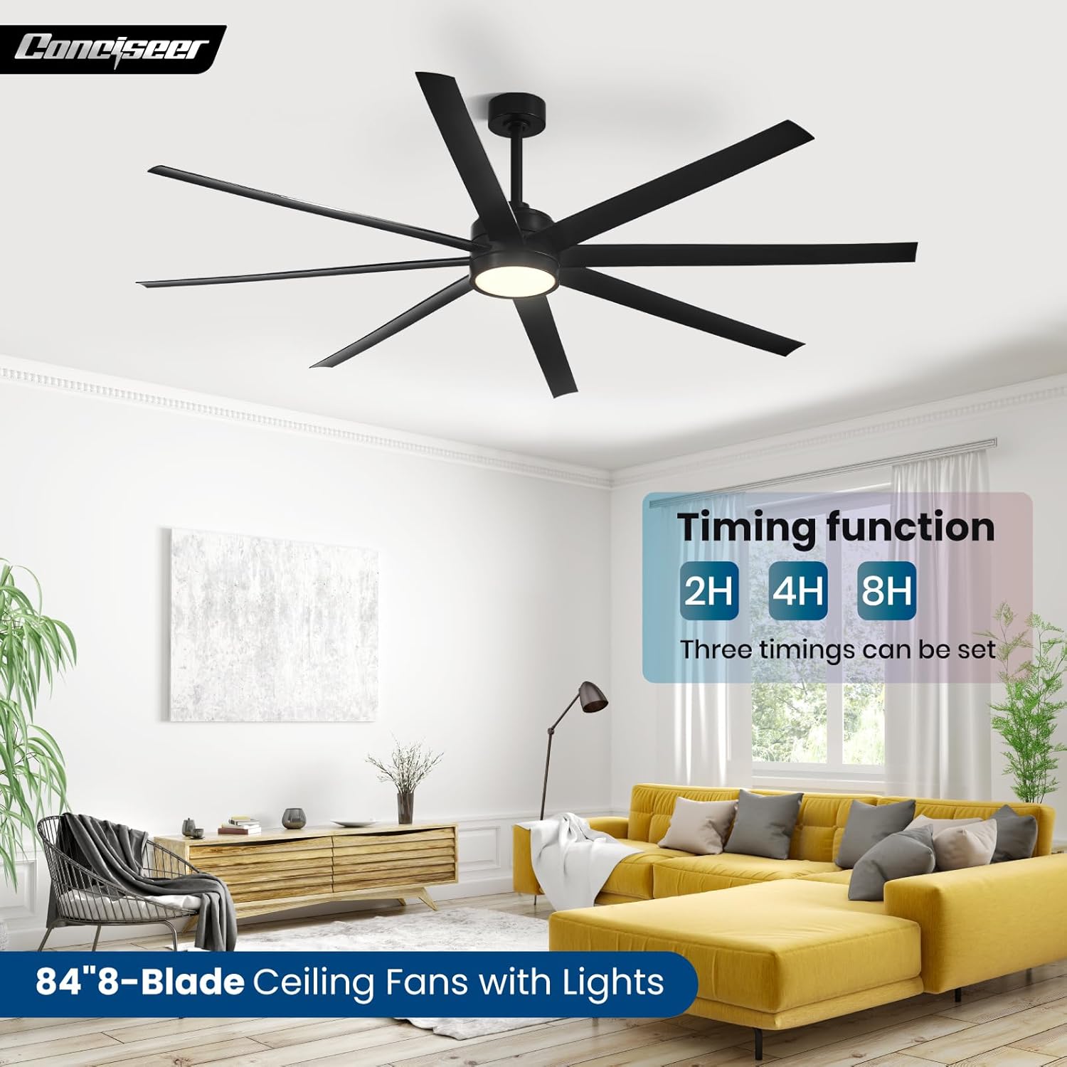 Modern Ceiling Fans with Lights, 72 Inch Ceiling Fan with Light and Remote, Bedroom Living Room Library Cafe Outdoor/Industrial,24W 3CCT Dimmable, 8 Blades 6 Speed Reversible Quiet DC Motor, Black wourant