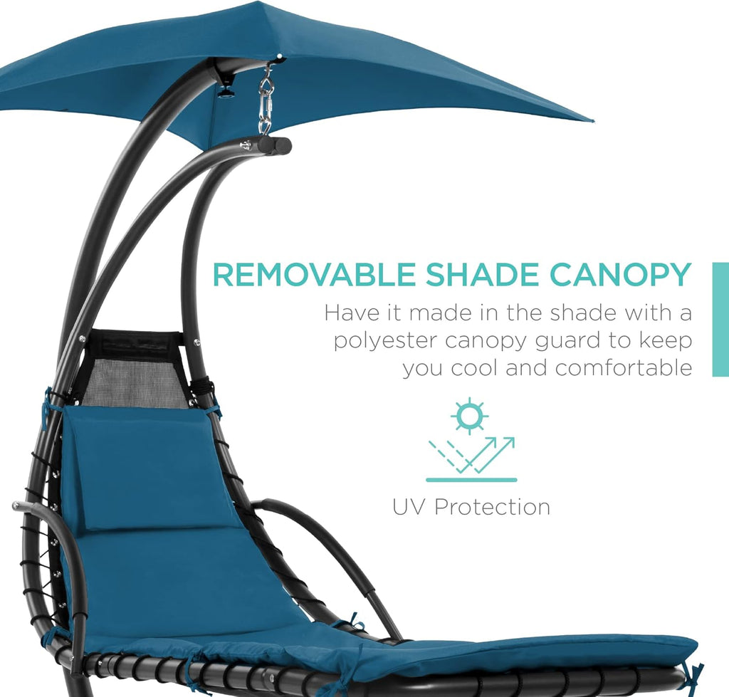 Best Choice Products Outdoor Hanging Curved Steel Chaise Lounge Chair Swing w/Built-in Pillow and Removable Canopy - Charcoal Gray wourant