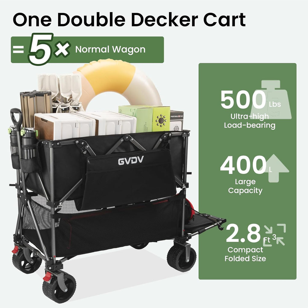 Double-decker cart, 500 lb capacity, 400 liter foldable cart, all-terrain wheels, 46" extra-long extension cart, foldable cart wourant