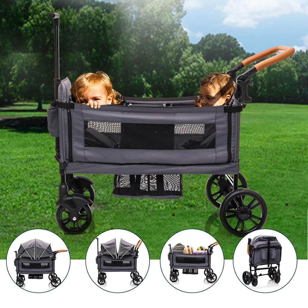 Wagon Stroller for 2 Kids & Cargo-Travel Stroller Push-Pull Double Wagon Lightweight Folding Stroller for Newborn&Toddler with 5-Point Harness,Adjustable Handle Bar and Canopy,Tray Table,Cup Holder wourant
