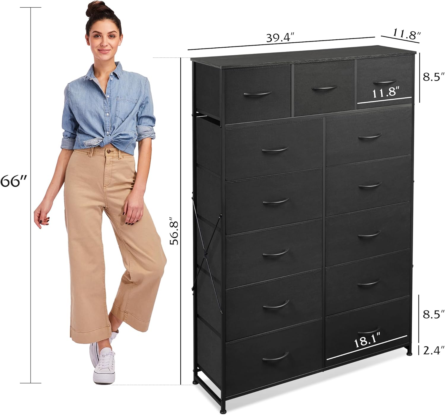 WLIVE Storage Organizer Unit with 13 Fabric Bins, Storage Drawers Organizer with Steel Frame, Tall Storage Tower Organizaton for Living Room, Hallway, Office, Charcoal Black wourant