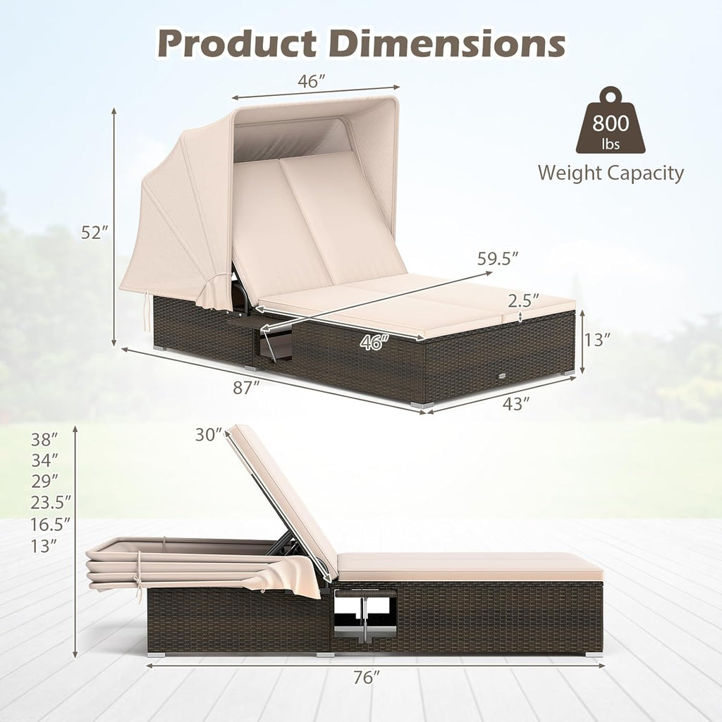 RELAX4LIFE Outdoor Daybed Retractable Canopy Wicker Double Chaise Lounge 6-Position Backrest wourant