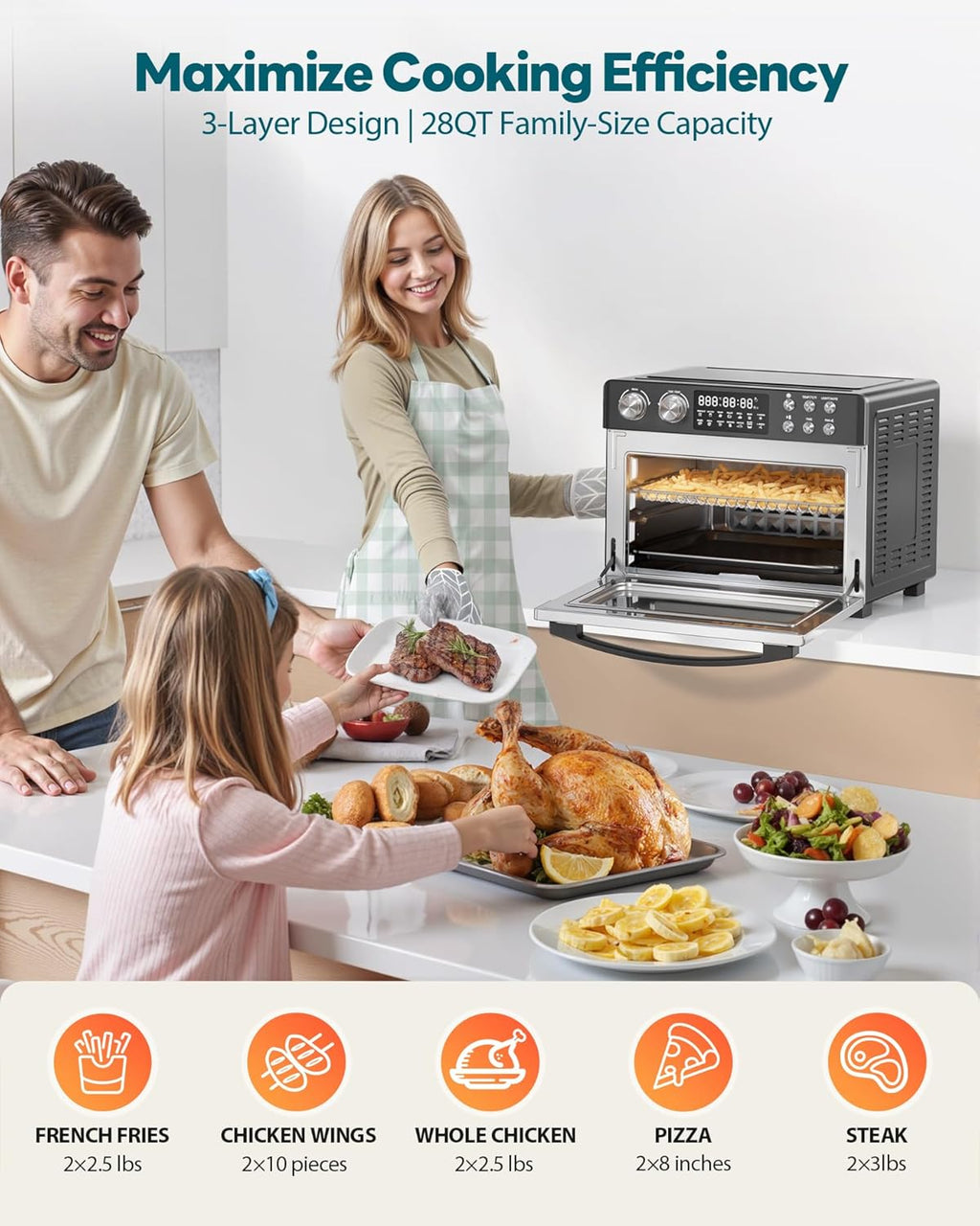 28QT Air Fryer Toaster Oven Combo, Large 12-in-1 Convection Countertop Oven with 3-Layer Cooking, Rotisserie for Chicken, 6 Heating Tubes, Fast Preheat, Fits 11" Pizza, Full Accessories, Sparkle Black wourant