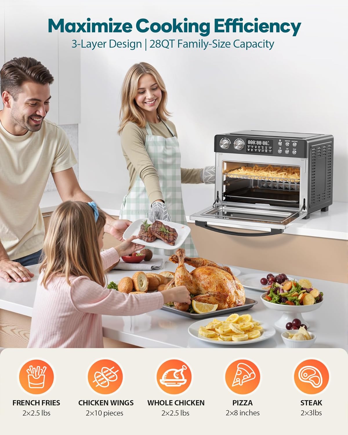28QT Air Fryer Toaster Oven Combo, Large 12-in-1 Convection Countertop Oven with 3-Layer Cooking, Rotisserie for Chicken, 6 Heating Tubes, Fast Preheat, Fits 11" Pizza, Full Accessories, Sparkle Black wourant