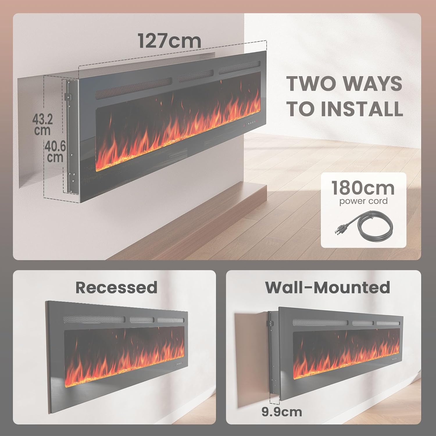Silonn 50″Smart Electric Fireplace Heater with App & Remote Control, 5300 BTU Heat Output, Ultra-Slim Wall-Mounted or Recessed Electric Fireplace Inserts with Timer, 20 Flame Colors,WiFi Enabled wourant