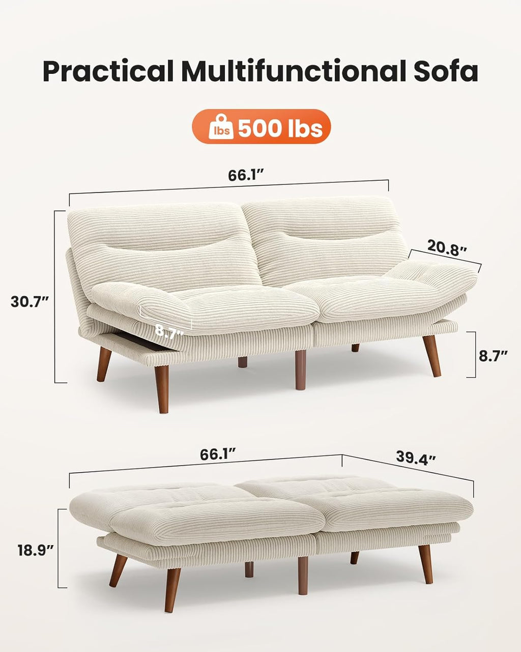 Pipishell Convertible Futon Sofa Bed,66" Corduroy Futon Couch with Adjustable Backrest and Armrests, Recliner Sleeper Sofa for Small Spaces, Play Room or Office, Grey wourant