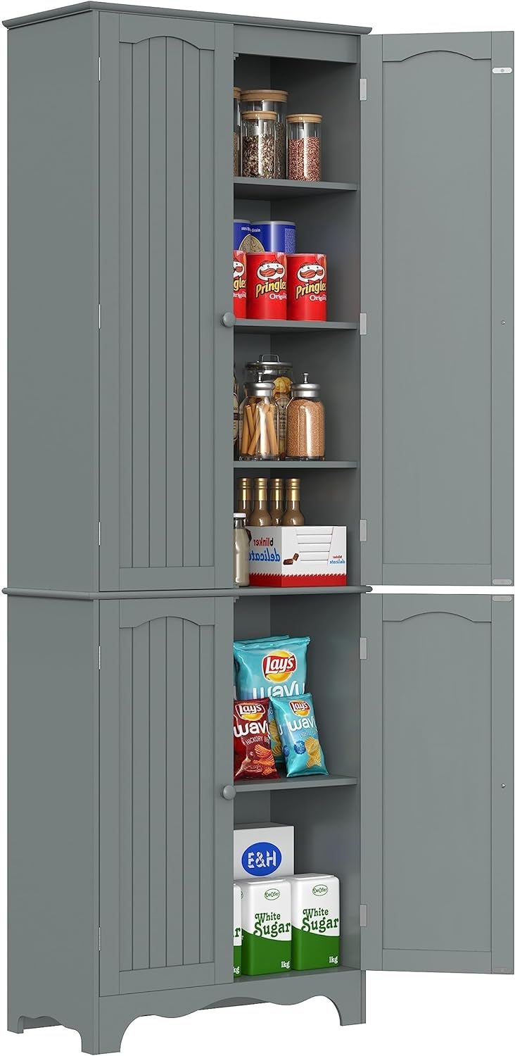 Tall Pantry Cabinet, Freestanding Storage Cabinet, Wooden Kitchen Pantry with 4 Doors and 5 Shelves, 72" Floor Cabinet Organizer wourant