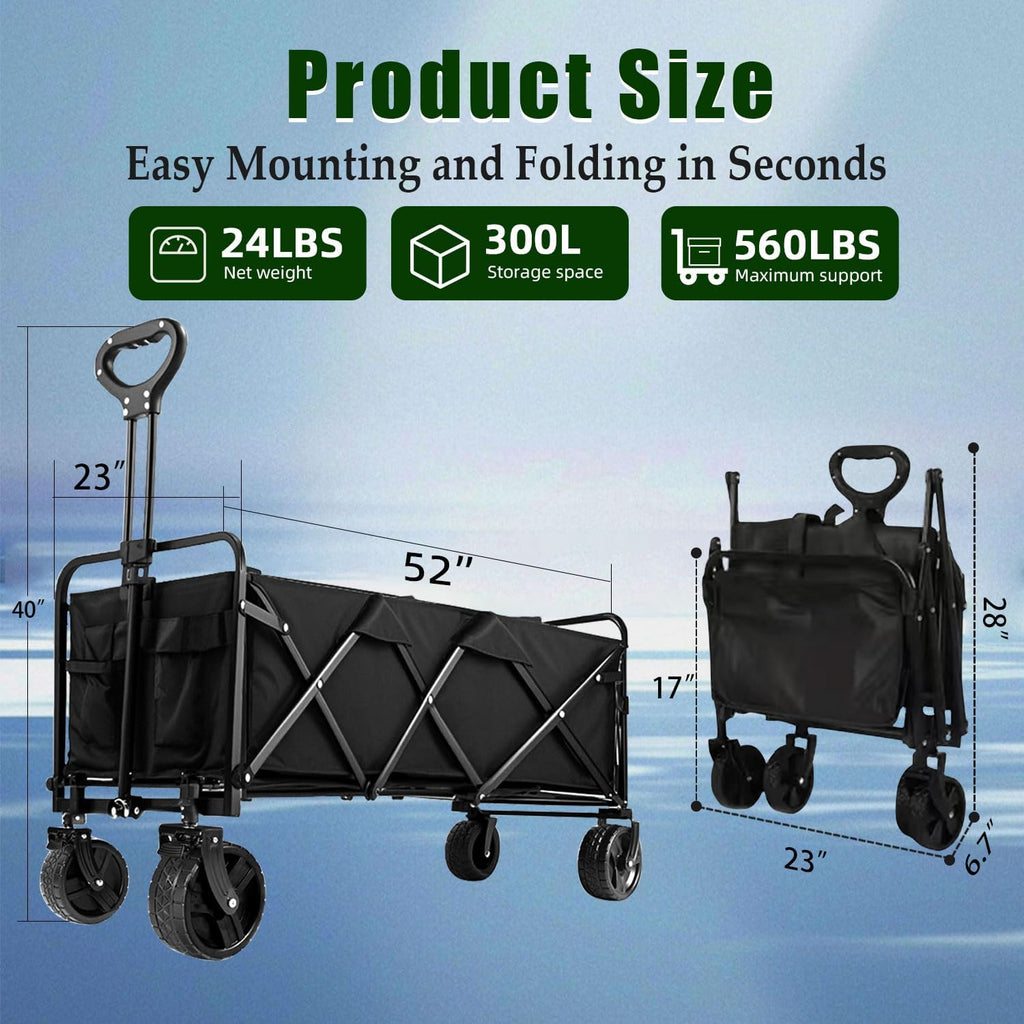 Foldable 4-wheel cart, foldable, 37 inches long, 480 lb capacity, heavy-duty beach cart, shopping cart with wheels wourant