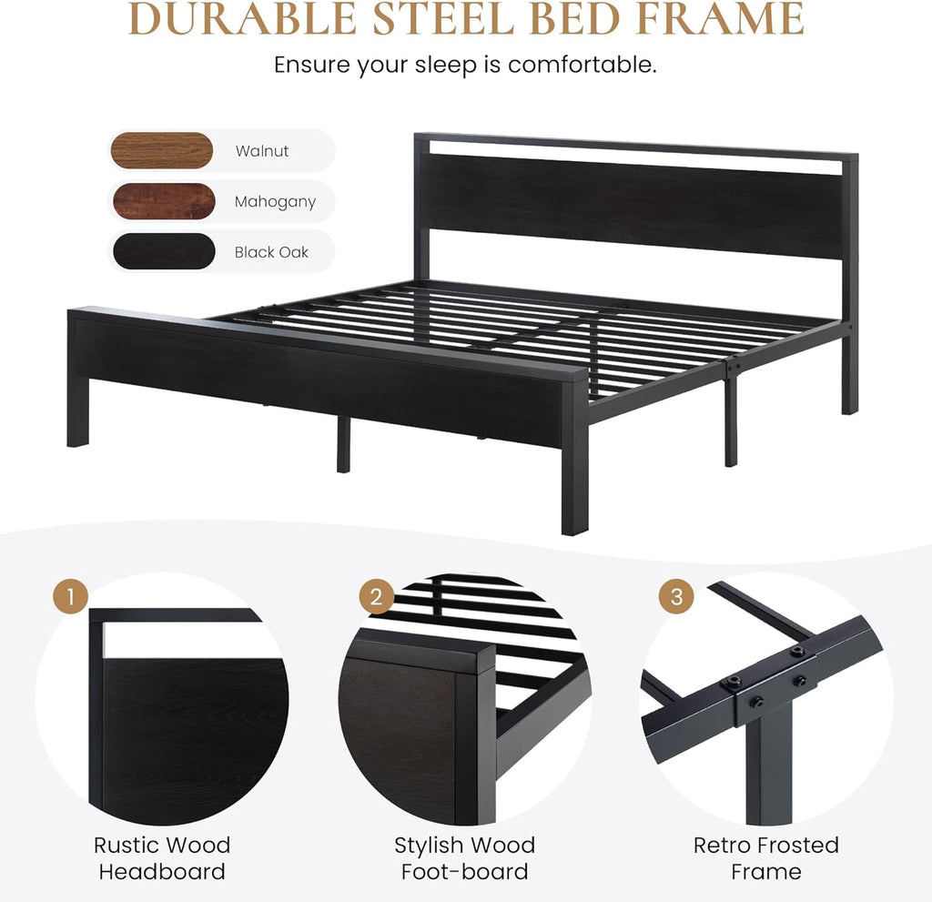 SHA CERLIN 14 Inch Queen Size Metal Platform Bed Frame with Wooden Headboard and Footboard wourant