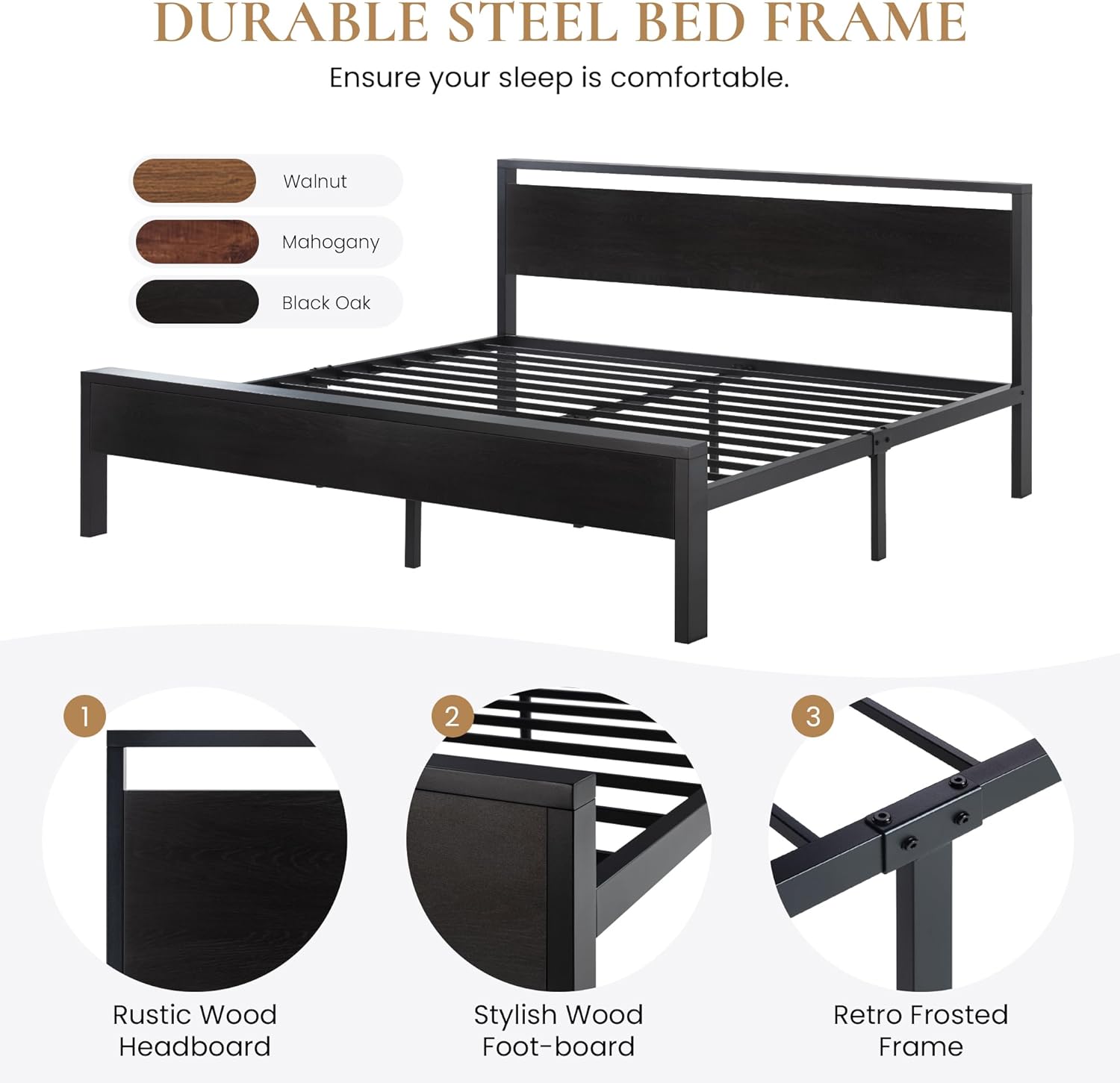 SHA CERLIN 14 Inch Queen Size Metal Platform Bed Frame with Wooden Headboard and Footboard wourant