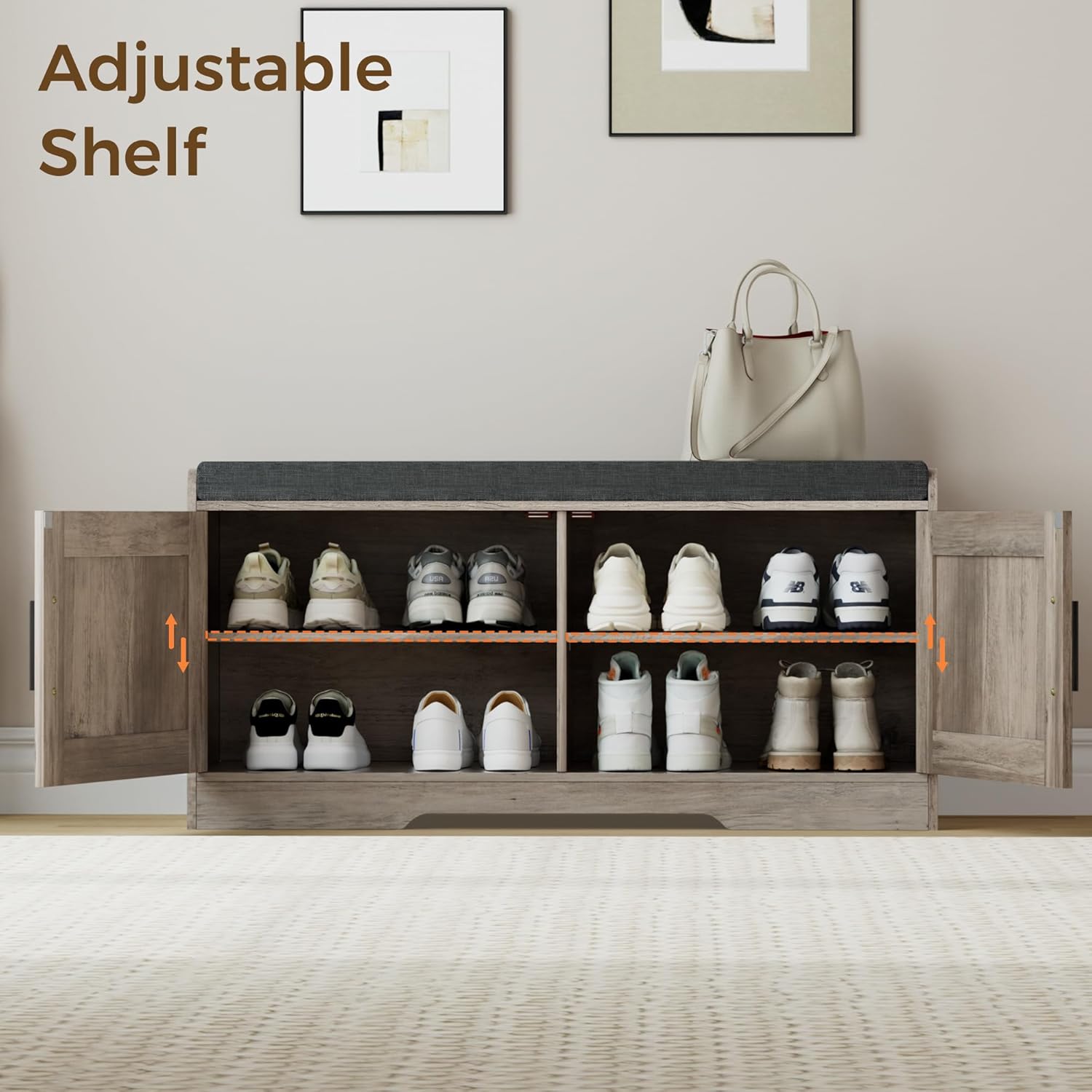 2-Tier Storage Bench, Shoe Bench with Thickened Padded Seat Cushion, Entryway Bench with 4 Doors, Adjustable Shelf wourant