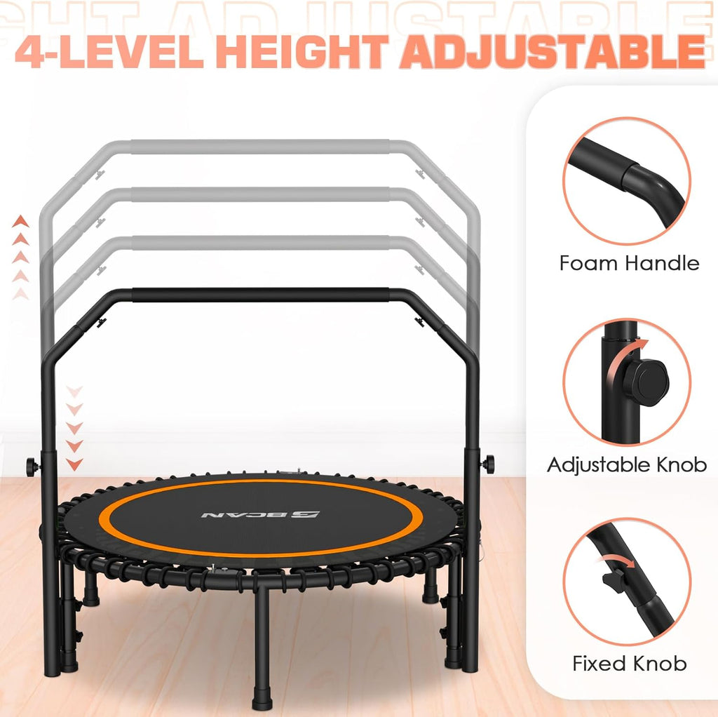 BCAN 450/550 LBS Foldable Mini Trampoline, 40"/48" Fitness Trampoline with Bungees, U Shape Adjustable Foam Handle, Stable & Quiet Exercise Rebounder for Adults Indoor/Outdoor Workout wourant