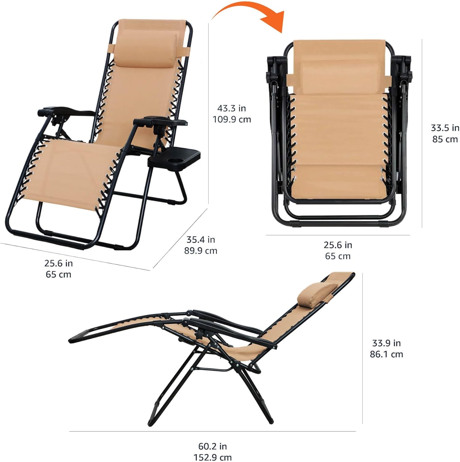 Amazon Basics Outdoor Patio Mesh Adjustable Zero Gravity Lounge Chair Recliners set of 2 with Side Table, 35 x 26 x 43 inches, Beige wourant