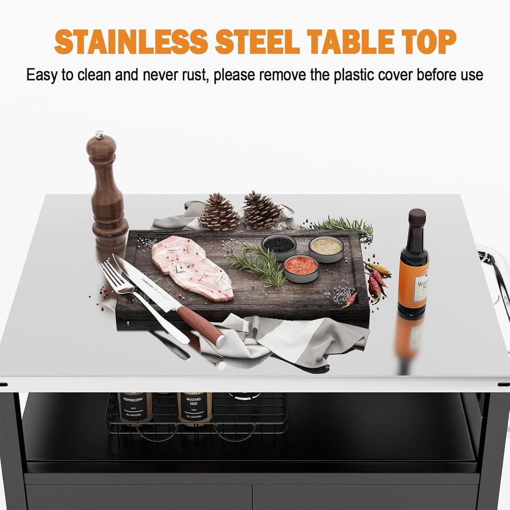Stainless Steel Outdoor Grill Cart Pizza Oven Stand Trolley Table with Wheels Three-Shelf Movable Food Prep and Work Table Heavy Duty Grill Carts Outdoor Cart 31.5"×24"×35.5" wourant