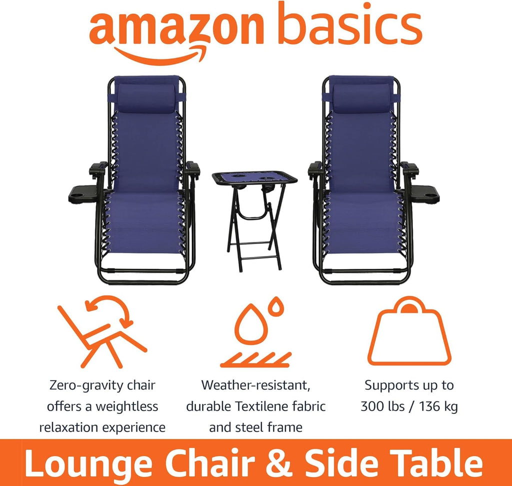 Amazon Basics Outdoor Patio Mesh Adjustable Zero Gravity Lounge Chair Recliners set of 2 with Side Table, 35 x 26 x 43 inches, Beige wourant
