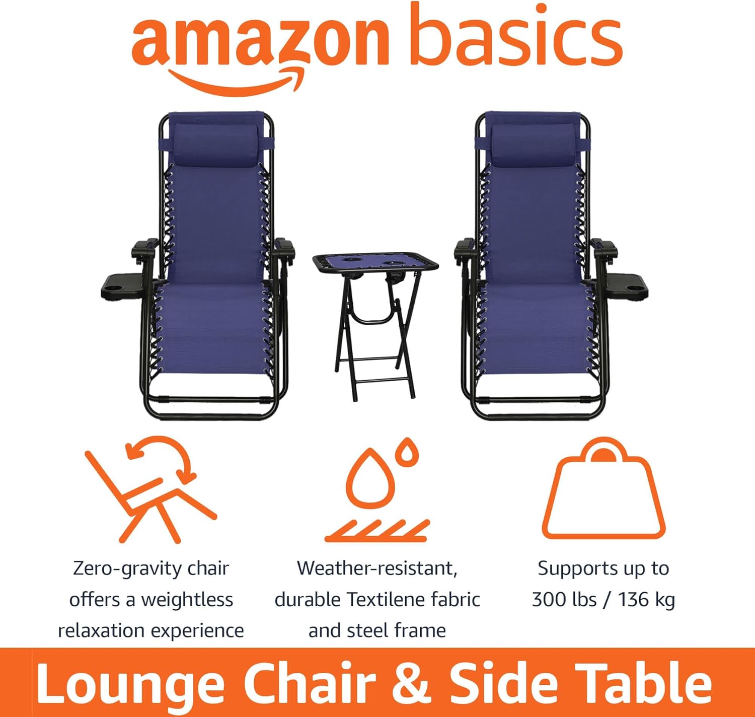 Amazon Basics Outdoor Patio Mesh Adjustable Zero Gravity Lounge Chair Recliners set of 2 with Side Table, 35 x 26 x 43 inches, Beige wourant