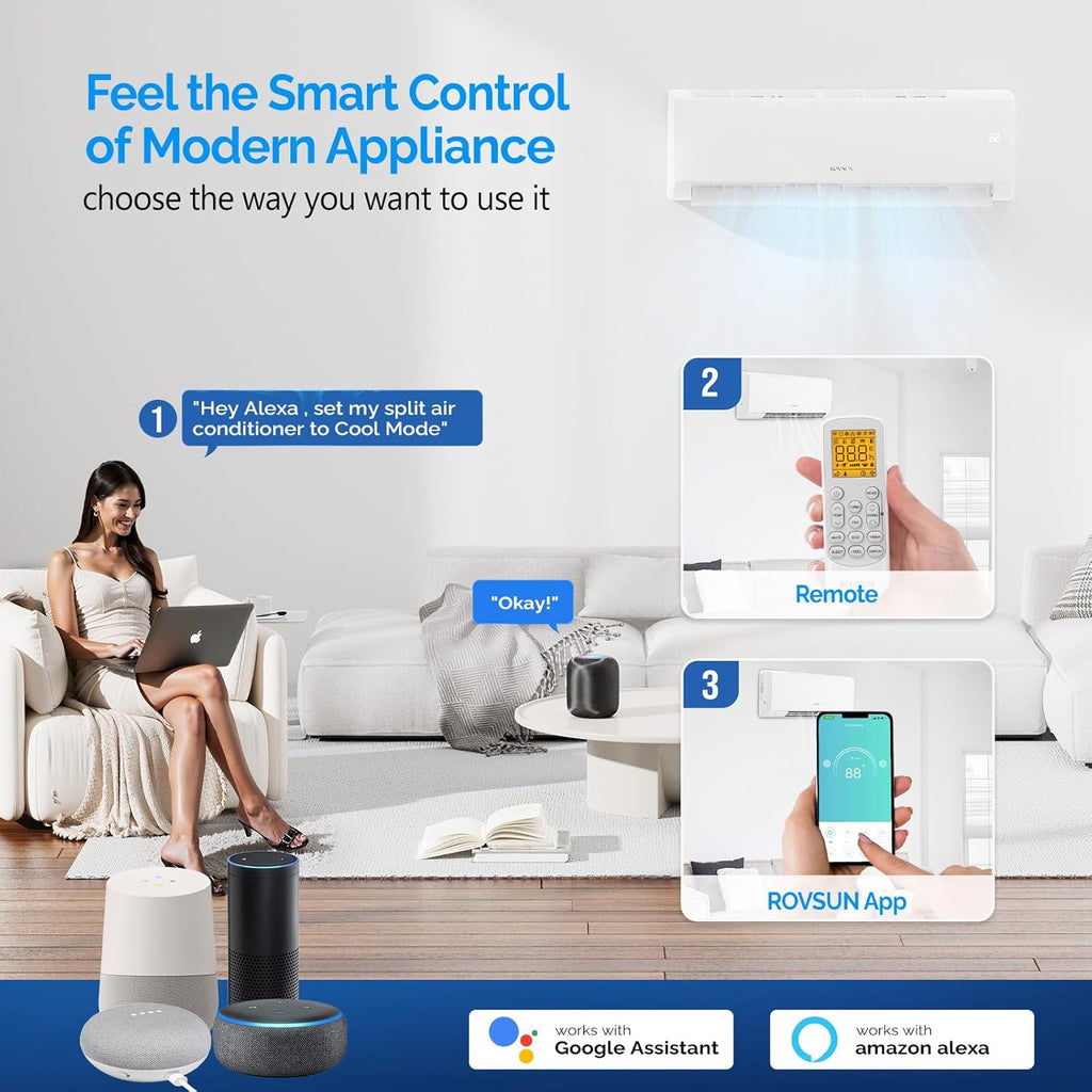 ROVSUN 9000 BTU Wifi Enabled Mini Split Air Conditioner & Heater with Inverter, 19 SEER2 Energy Saving 115V Ductless Split AC Unit with Pre-Charged Condenser, Heat Pump & Installation Kit wourant