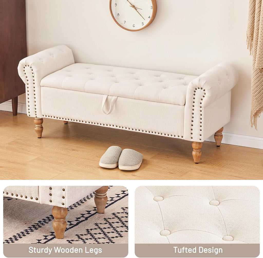Furniliving Modern Storage Ottoman Bench, Sherpa Ottoman End of Bed Bench with Solid Wood Legs Upholstered Ottoman Benches with Storage Indoor Bench wourant