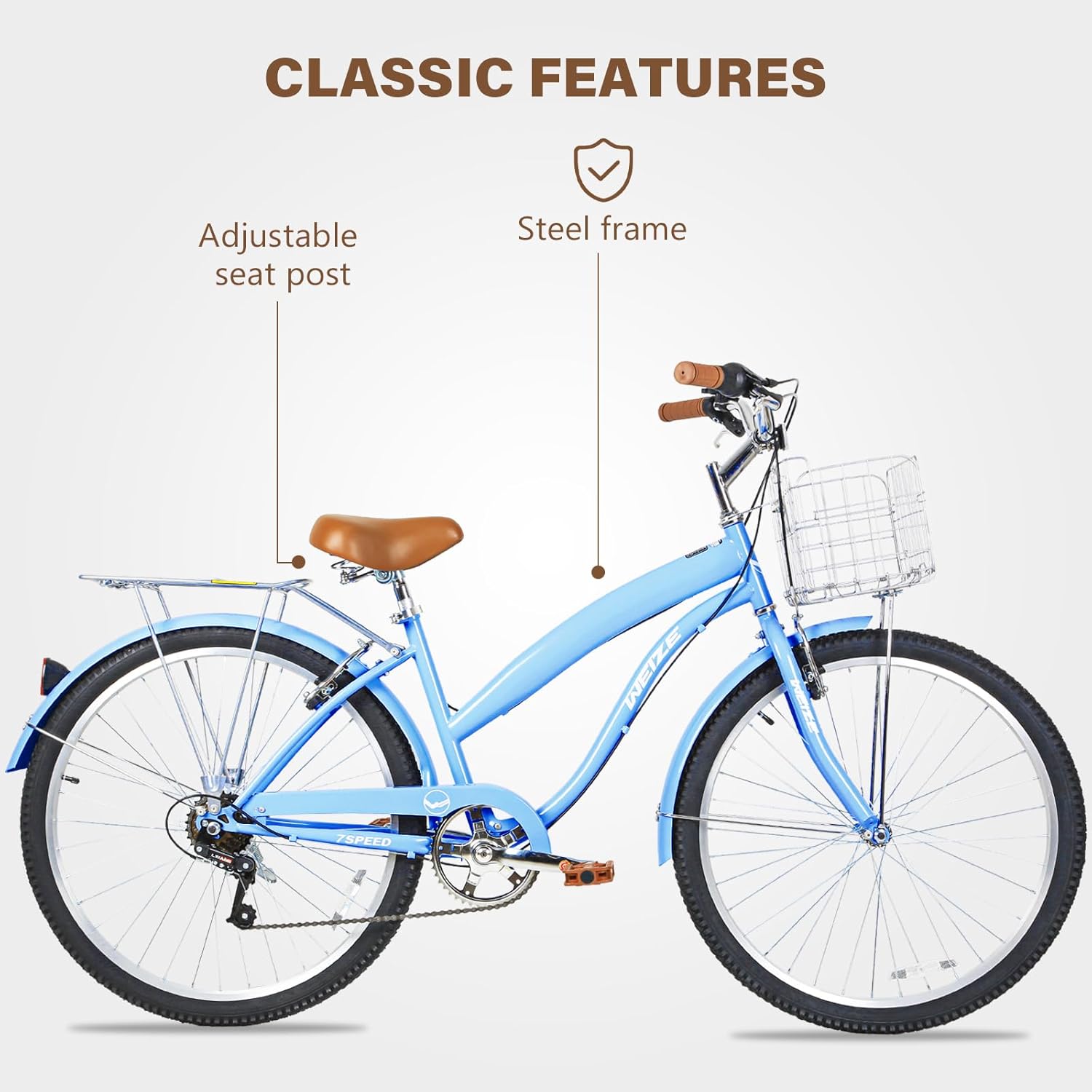 WEIZE Beach Cruiser Bike, 26 inch Commuter Bicycle for Adult Men and Women, 7-Speed/High-Carbon Steel/Front & Rear Fenders, Comfortable City Bikes with Rear Rack or Basket, Ergonomic Upright Design wourant