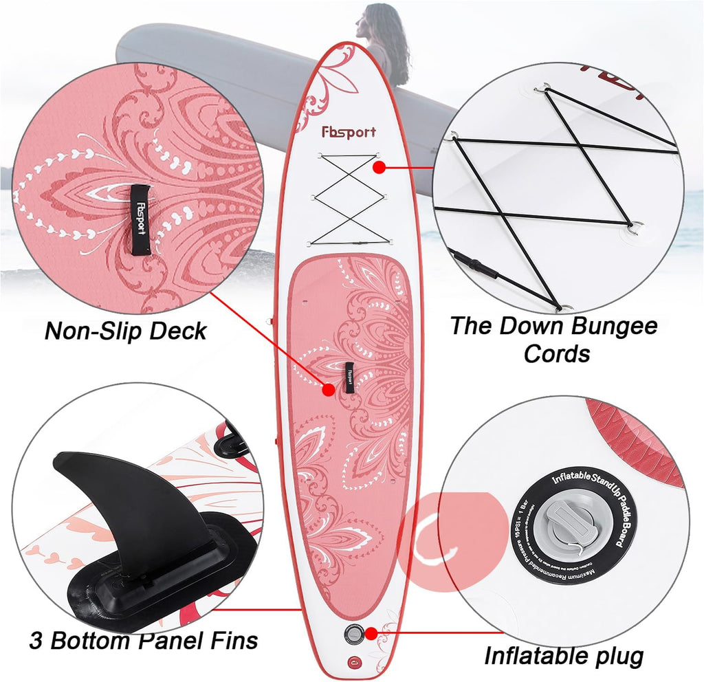 FBSPORT 11' Premium Stand Up Paddle Board, Yoga Board with Durable SUP Accessories & Carry Bag | Wide Stance, Surf Control, Non-Slip Deck, Leash, Paddle and Pump for Youth & Adult wourant