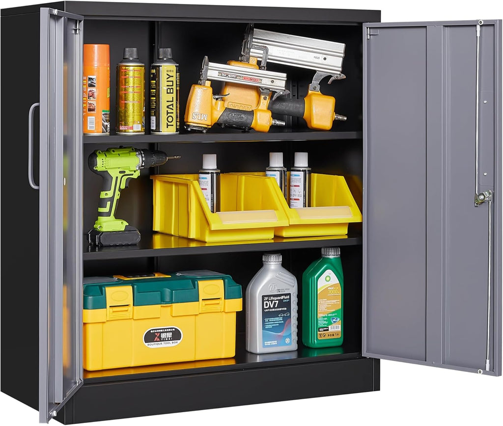 Metal Storage Cabinet with 2 Doors and 6 Shelves, Black Metal Cabinet with Lock, 71 Inch Lockable Garage Storage Cabinet wourant