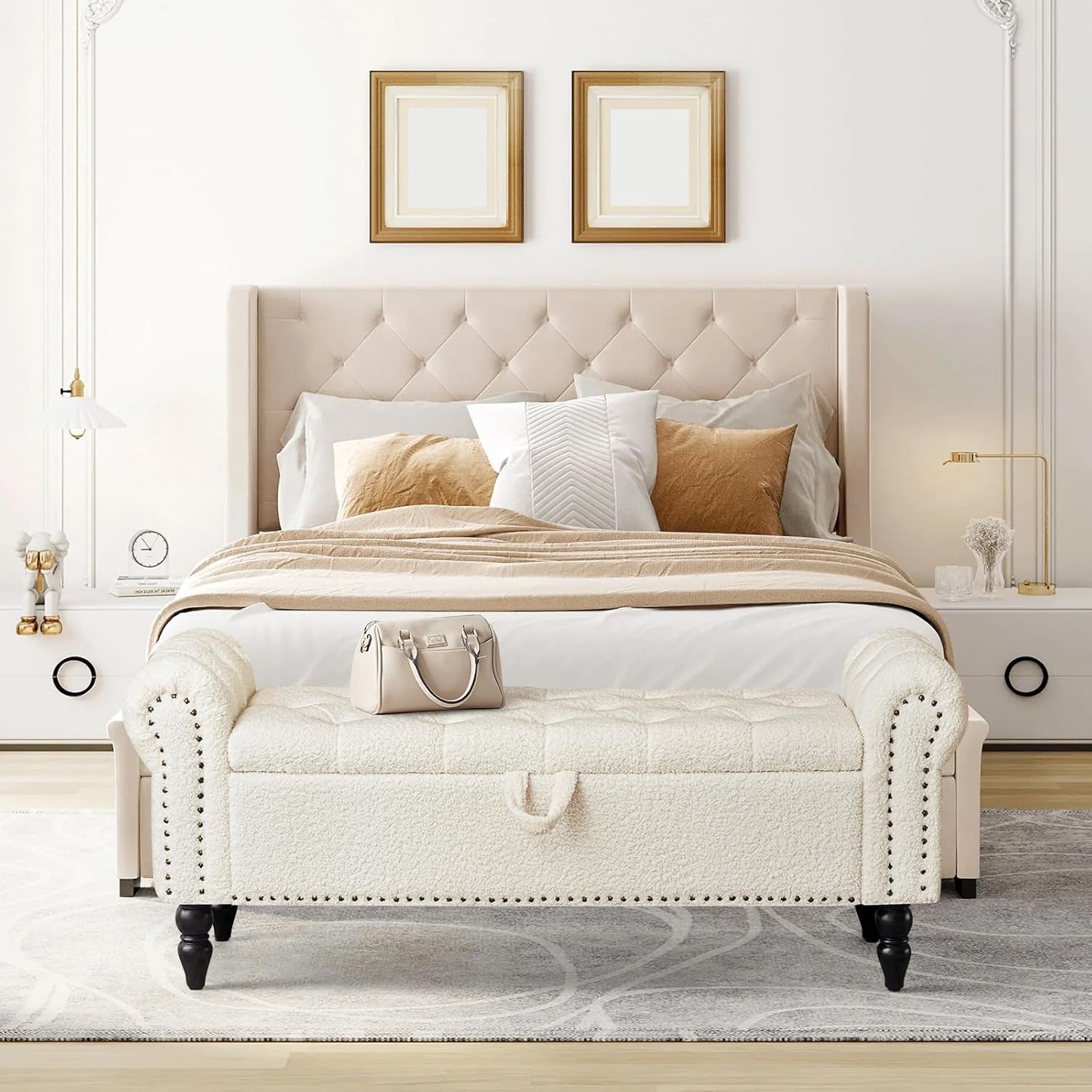 Furniliving Modern Storage Ottoman Bench, Sherpa Ottoman End of Bed Bench with Solid Wood Legs Upholstered Ottoman Benches with Storage Indoor Bench wourant