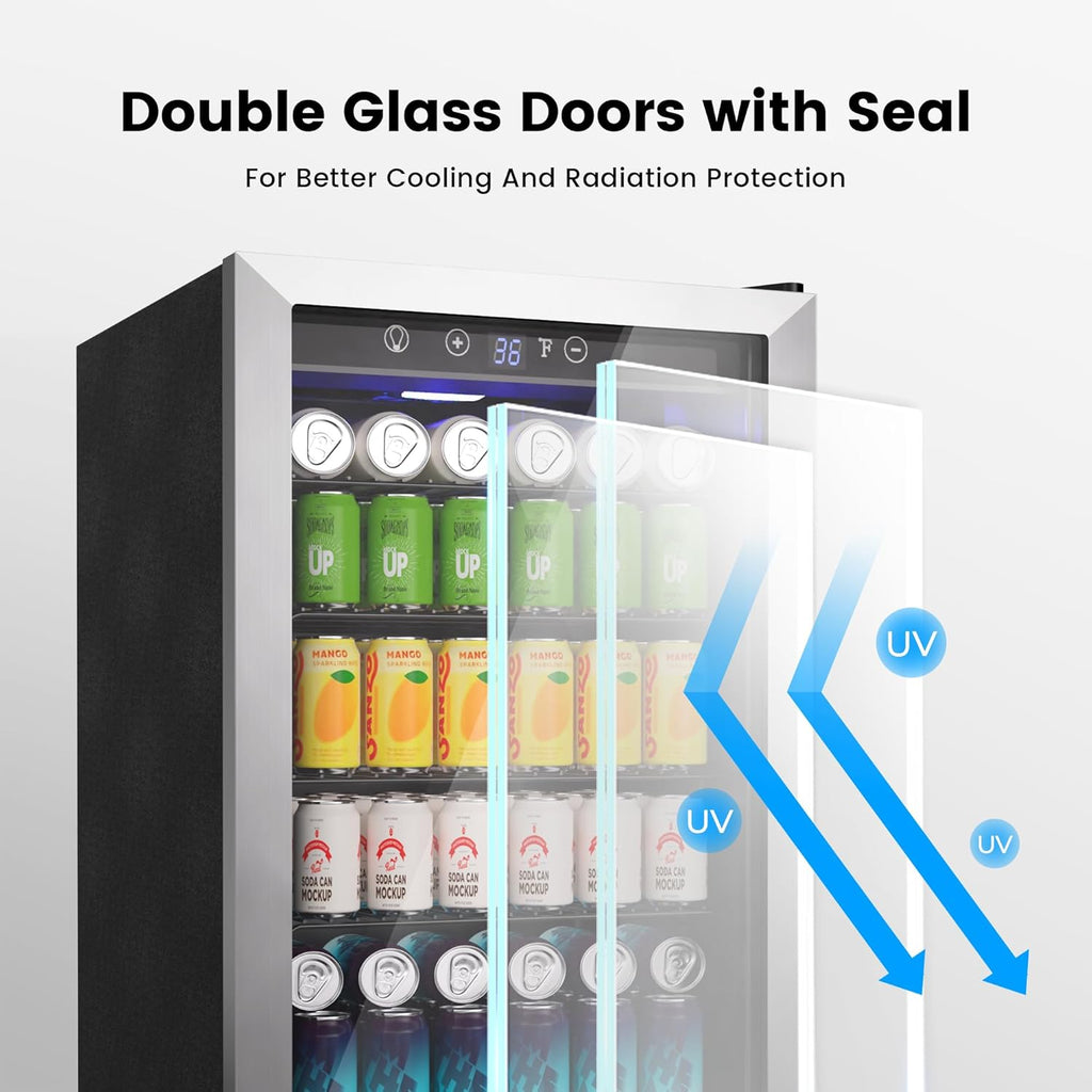 Beverage Refrigerator Cooler - 126 Can Mini Fridge Glass Door for Drinks Soda Beer Wine - Small Refrigerator for Office Bedroom Home Bar, 4 Adjustable Shelves, 3.2 Cu.Ft, Silver wourant