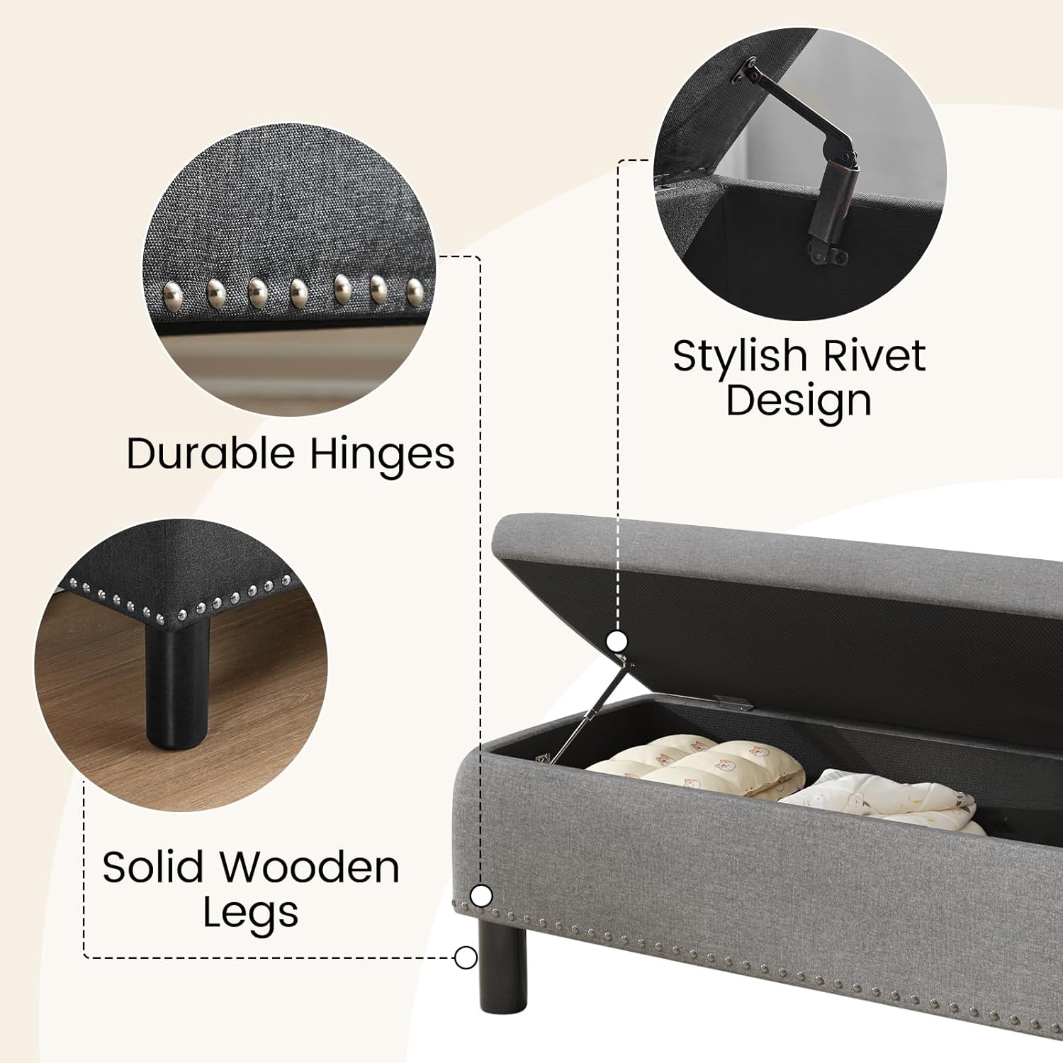 Furniliving Modern Storage Ottoman Bench, Sherpa Ottoman End of Bed Bench with Solid Wood Legs Upholstered Ottoman Benches with Storage Indoor Bench wourant