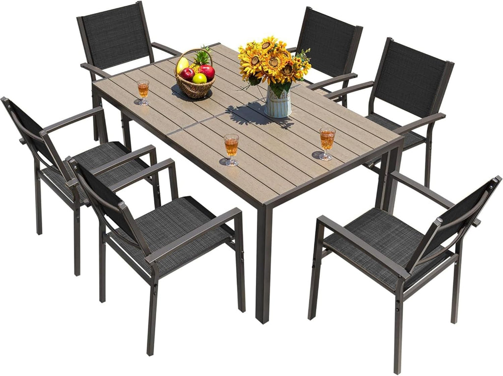 Homall Patio Dining Set 7 Pieces Outdoor Furniture with Large Table and 6 Textilene Chairs for Porch, Brown wourant