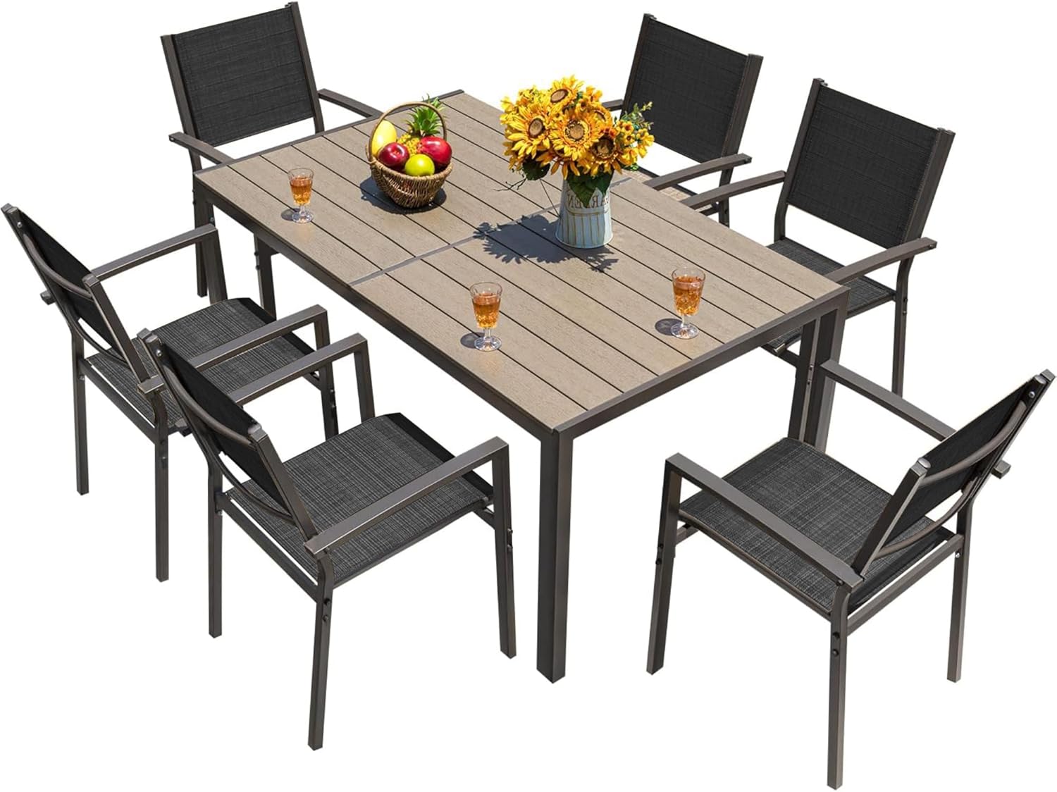 Homall Patio Dining Set 7 Pieces Outdoor Furniture Table and 6 Textilene Chairs, Light Grey wourant