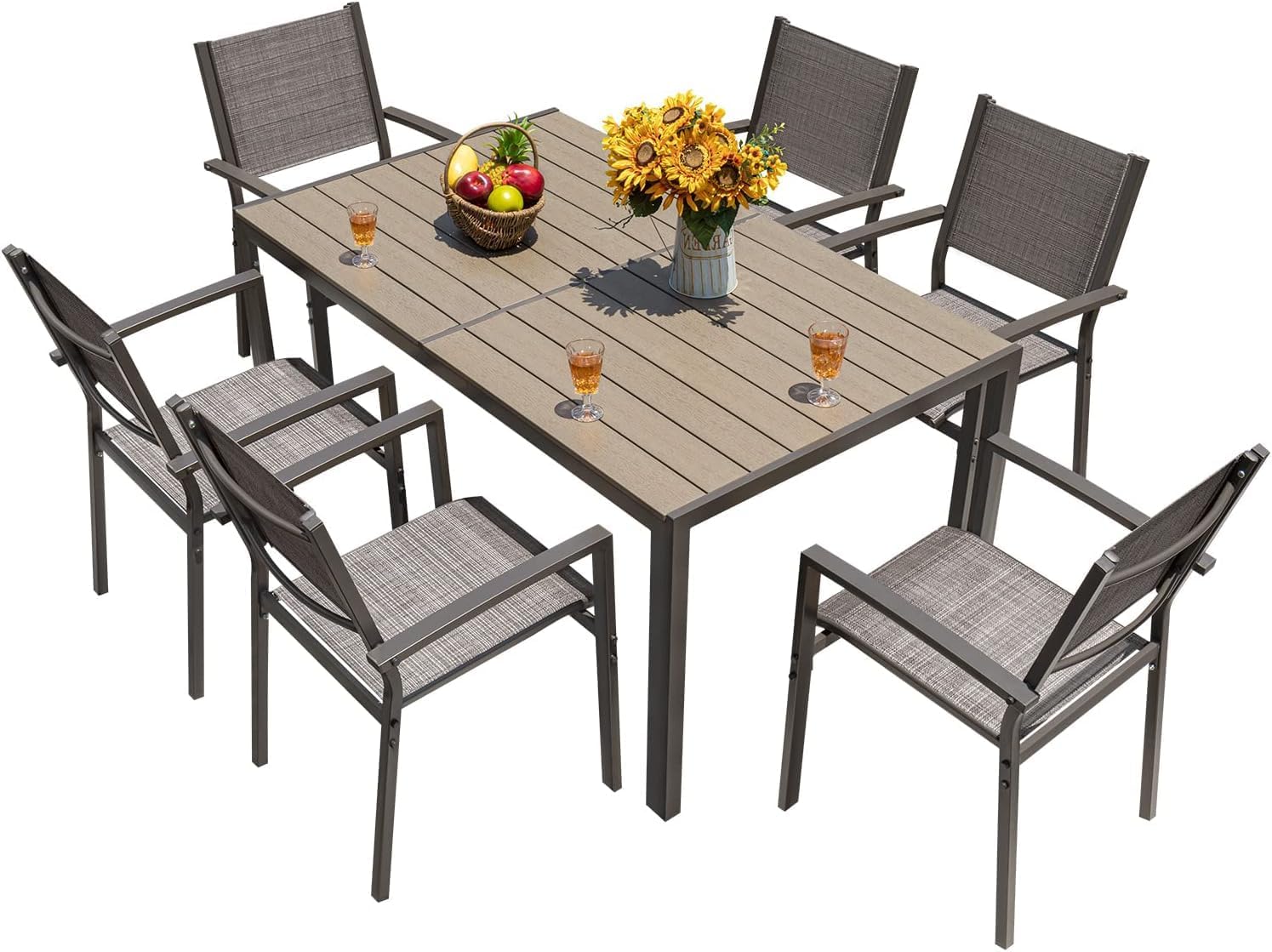 Homall Patio Dining Set 7 Pieces Outdoor Furniture with Large Table and 6 Textilene Chairs for Porch, Brown wourant