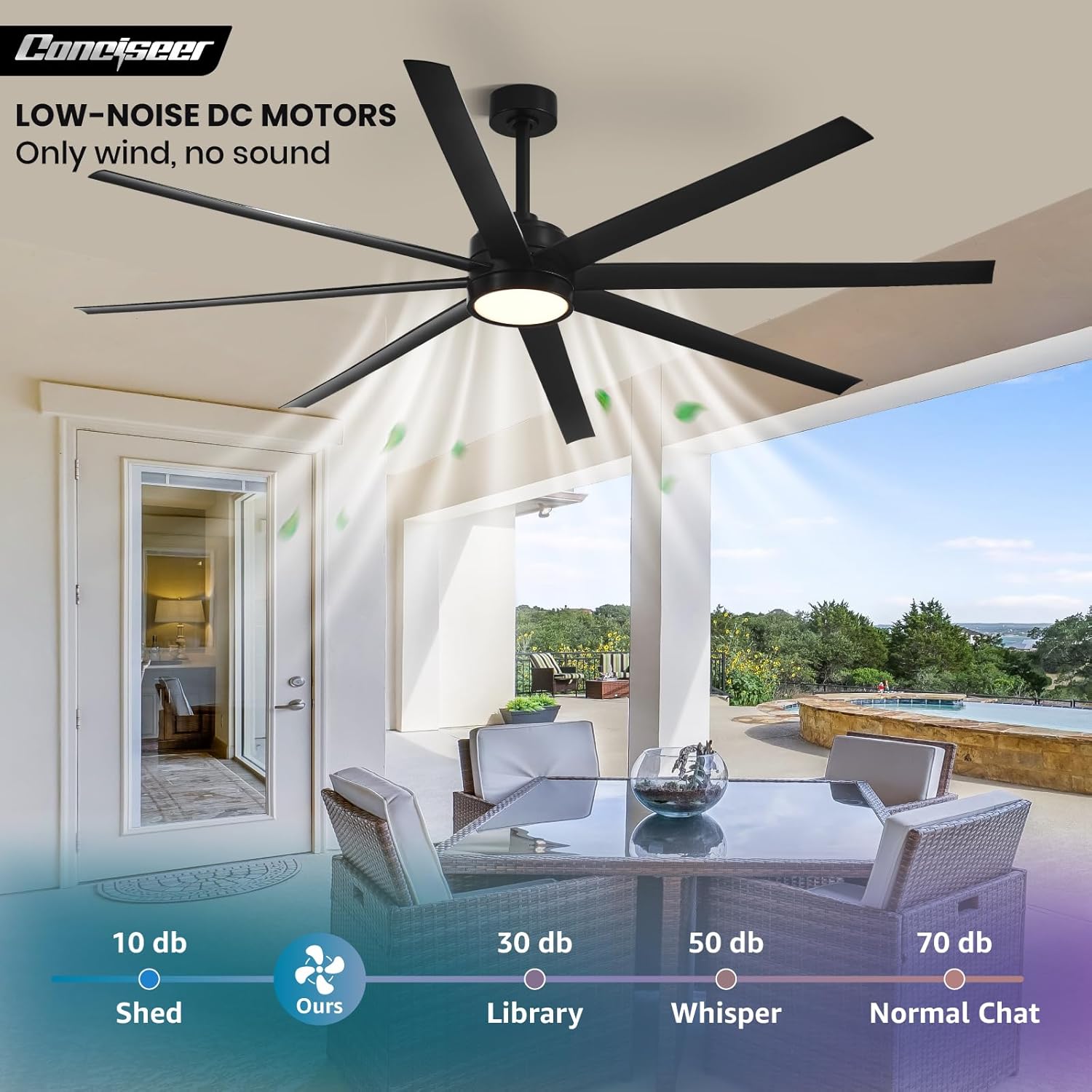 Modern Ceiling Fans with Lights, 72 Inch Ceiling Fan with Light and Remote, Bedroom Living Room Library Cafe Outdoor/Industrial,24W 3CCT Dimmable, 8 Blades 6 Speed Reversible Quiet DC Motor, Black wourant