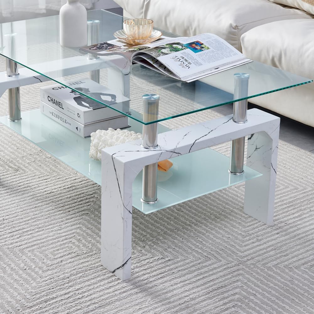 Living Room Rectangle Coffee Table, Tea Table Suitable for Waiting Room, Modern Side Coffee Table with Wooden Leg, Glass Tabletop wourant