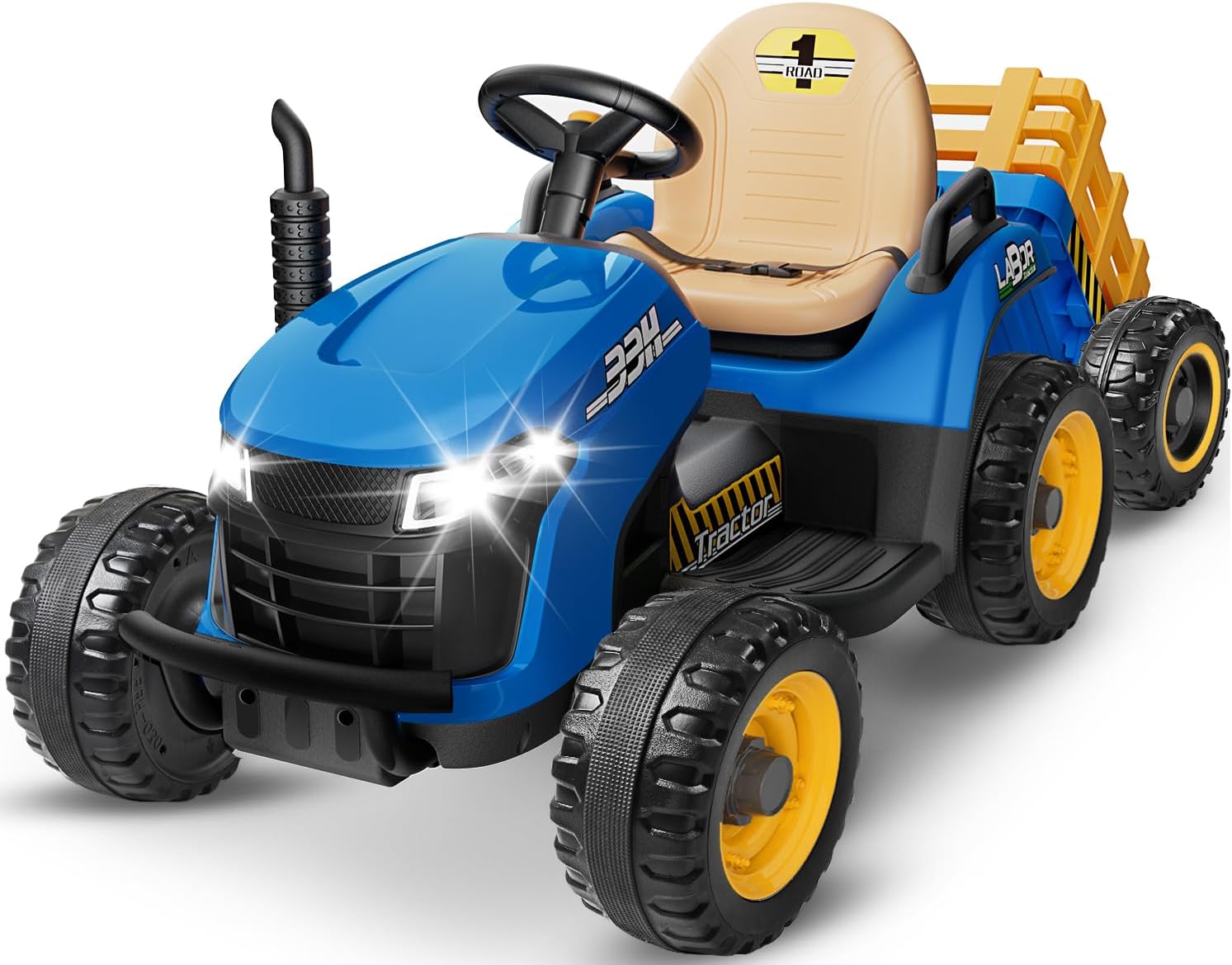 24V Ride On Tractor w/Tiltable & Detachable Trailer, 2x65W Motors, EVA Tires, Remote Control, Bluetooth, Shifter, Music, Electric Car for Kids, Green wourant
