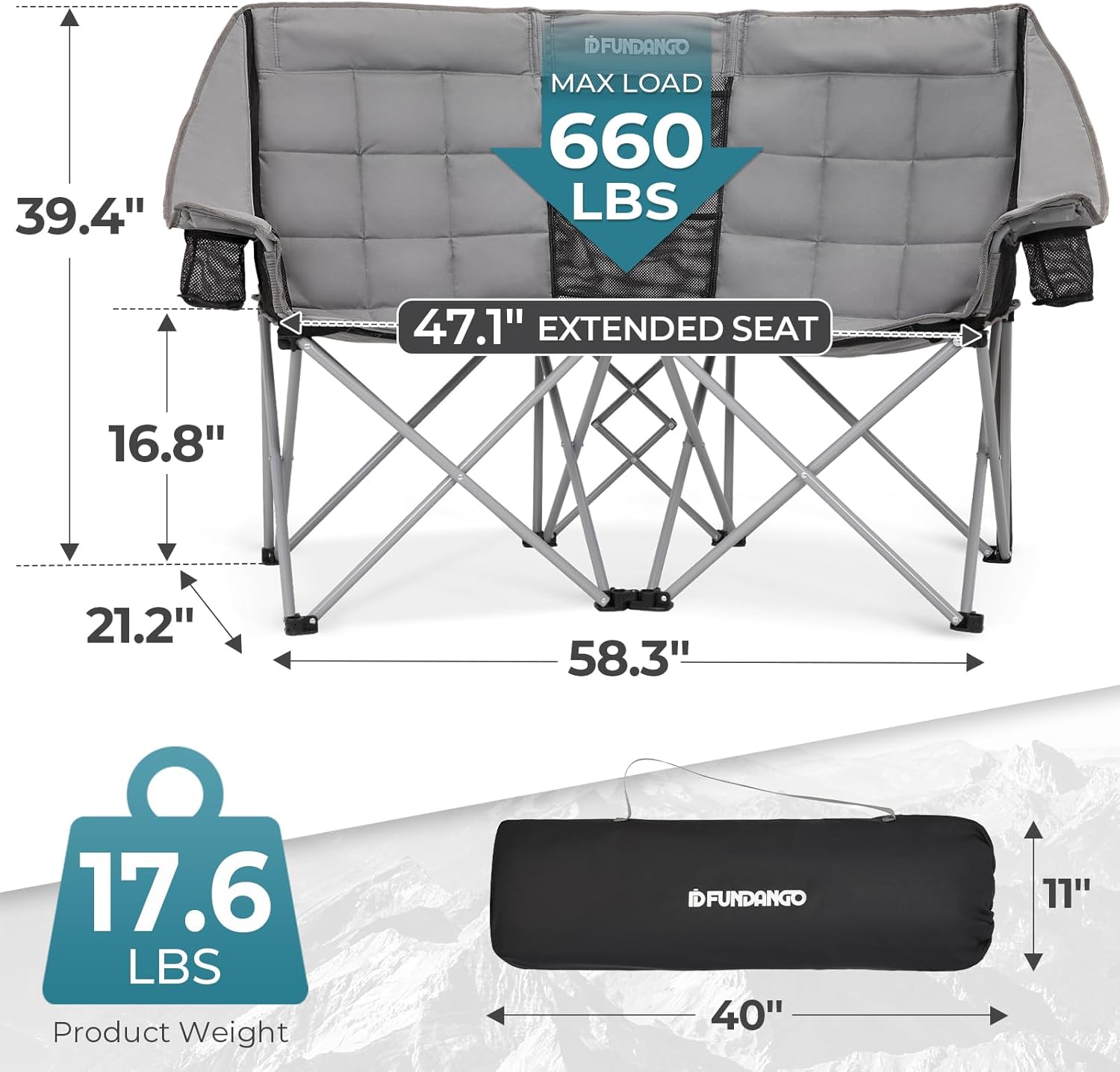 Double Camping Chair with Cooler 3-Person Folding Extra Large Camping Chair with 1000-Pound Load Capacity wourant