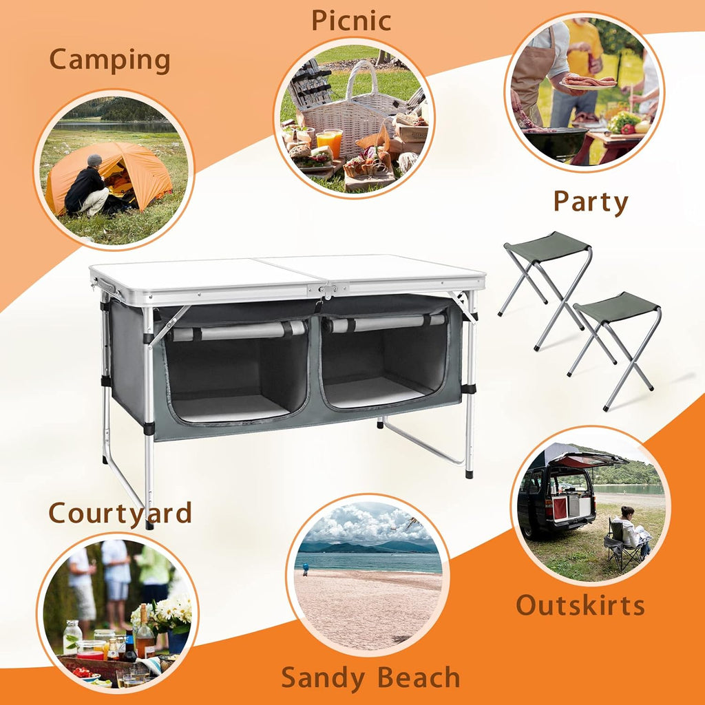 Outdoor Folding Table Aluminum Lightweight Height Adjustable with Storage Organizer for BBQ, Party, Camping wourant