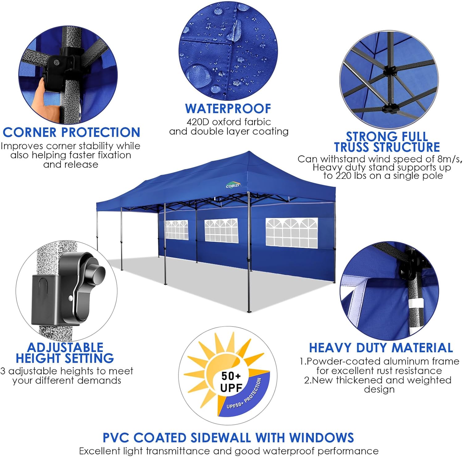 COBIZI 10x20 Heavy Duty Pop up Canopy Tent with 6 sidewalls Easy Up Commercial Outdoor Canopy Wedding Party Tents for Parties All Season Wind & Waterproof Gazebo with Roller Bag,Black(Frame Thickened) wourant