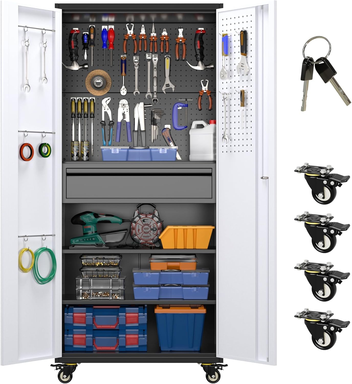 Aobabo Upgraded Garage Storage Cabinets with Wheels,Metal Storage Cabinets with 5 Adjustable Shelves for Garage Home Office Storage, Black,71''H*34''W*18''D,Assembly Required wourant