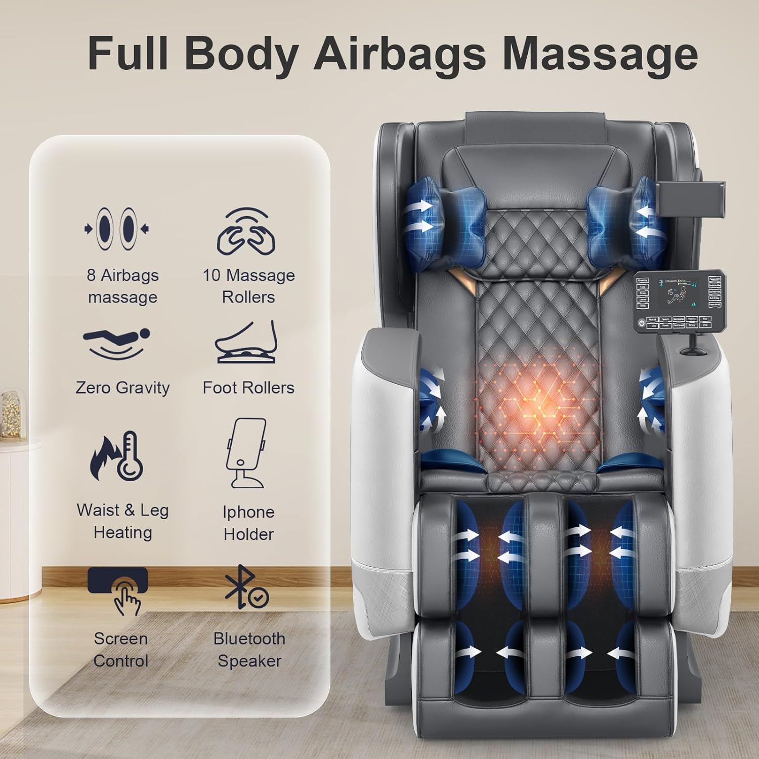 2025 Massage Chair Full Body, Zero Gravity Massage Chair with 10 Fix Rollers, Heating, Foot Massage, Auto Modes, Bluetooth Speaker, Touch Screen Controller (Black & Brown) wourant