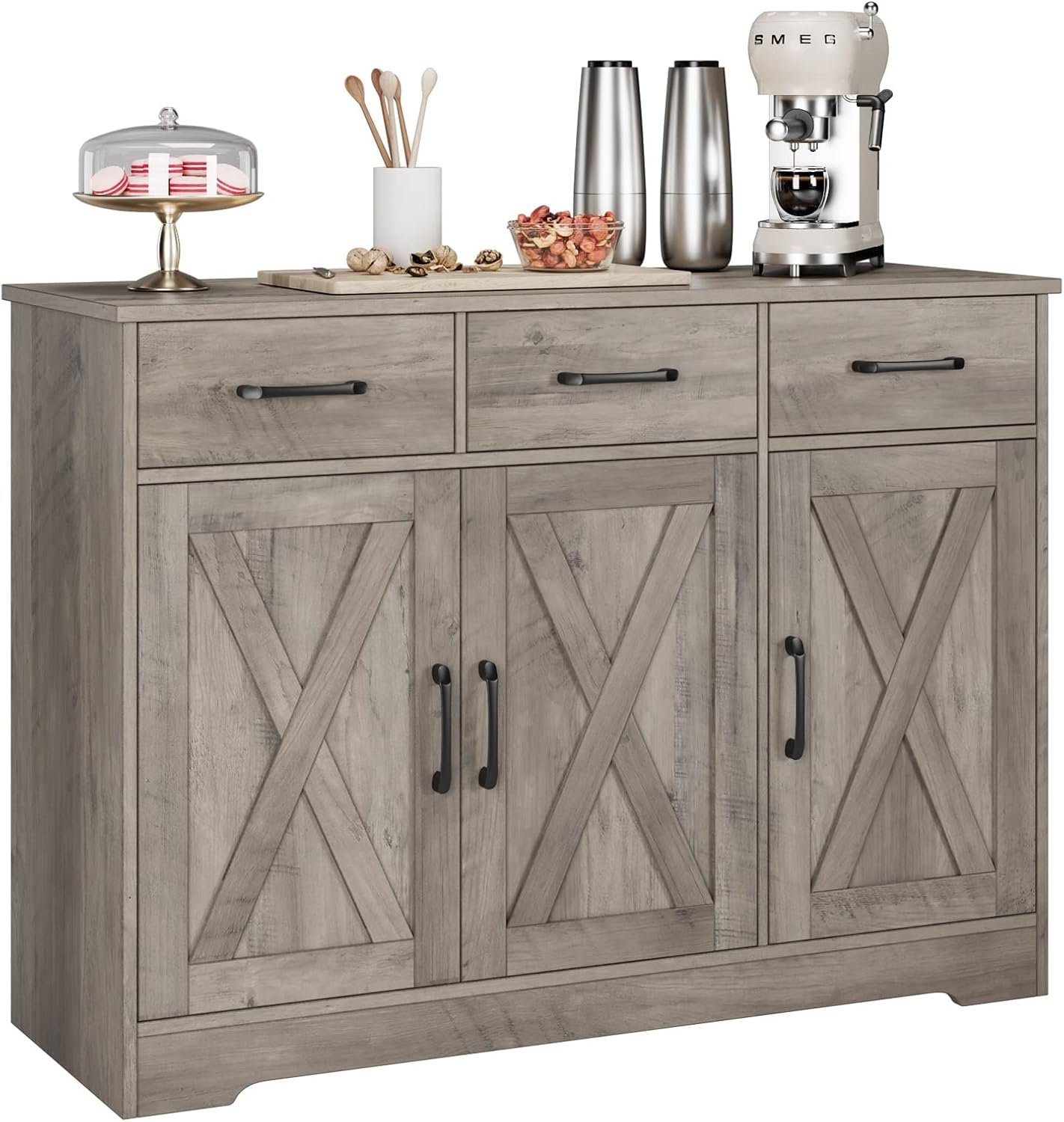 Modern farmhouse sideboard, barn door buffet storage cabinet with drawers and shelves, wooden coffee bar with storage wourant