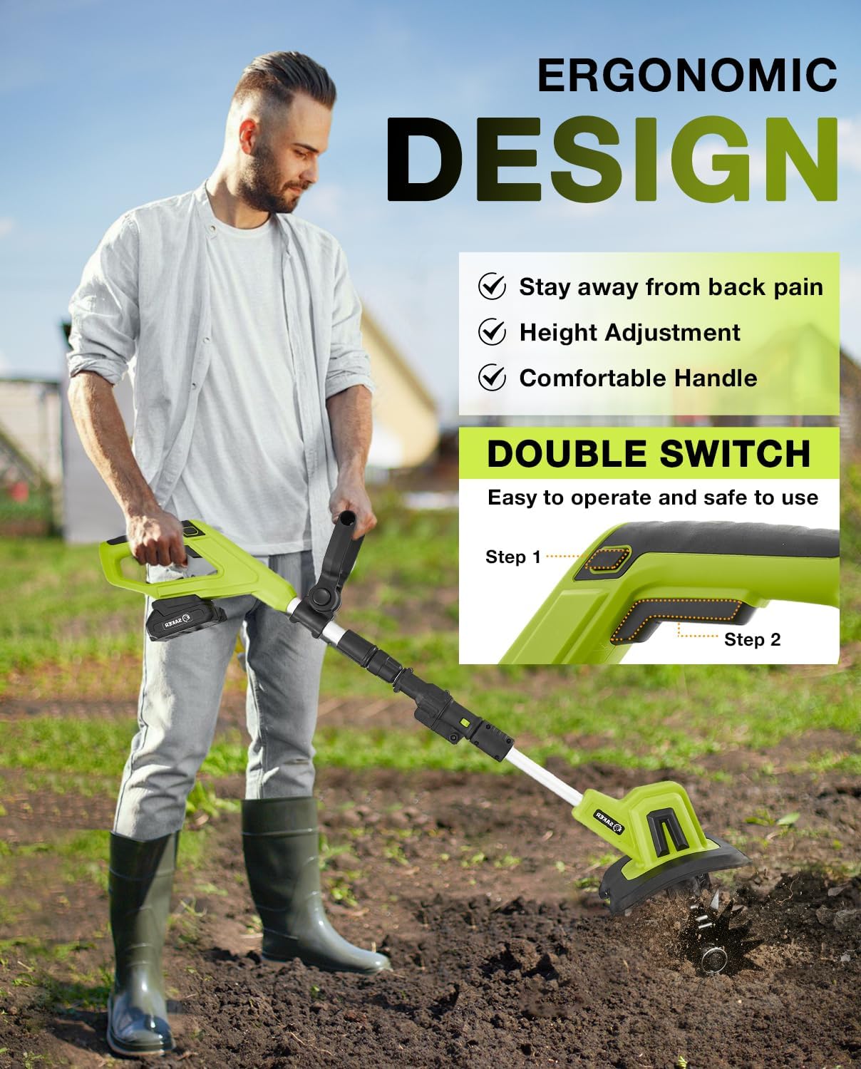 Saker 22V Cordless Electric Garden Tiller Cultivator, Lightweight Rototiller for Gardening, 9-Inch Tilling Width, 6.3-Inch Depth for Soil Preparation, Weeding, and Gardening 2 Batteries SK-TC18B wourant