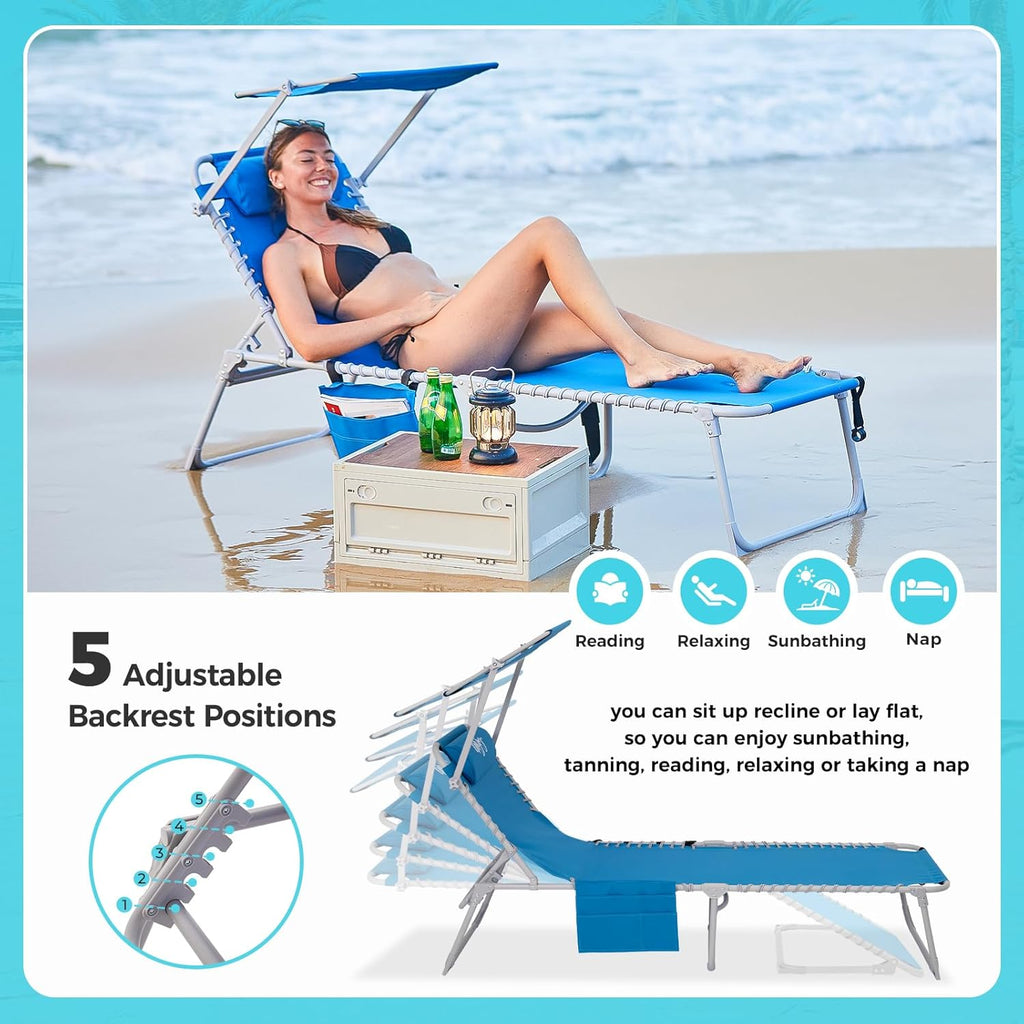 2 Pack Outdoor Chaise Lounge Chair - Portable Folding Patio Pool Lounge Chair, 5 Positions Adjustable Reclining Camping Chair with Side Table,Shoulder Strap, Pillow for Beach Sunbathing Lawn wourant