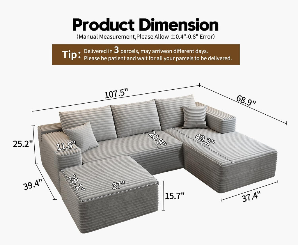 107.5 inch Cloud Modular Sectional Sofa with L-Shaped Chaise Lounge, Modern Minimalist Upholstered Sofa Deep Seating Corner Sofa wourant