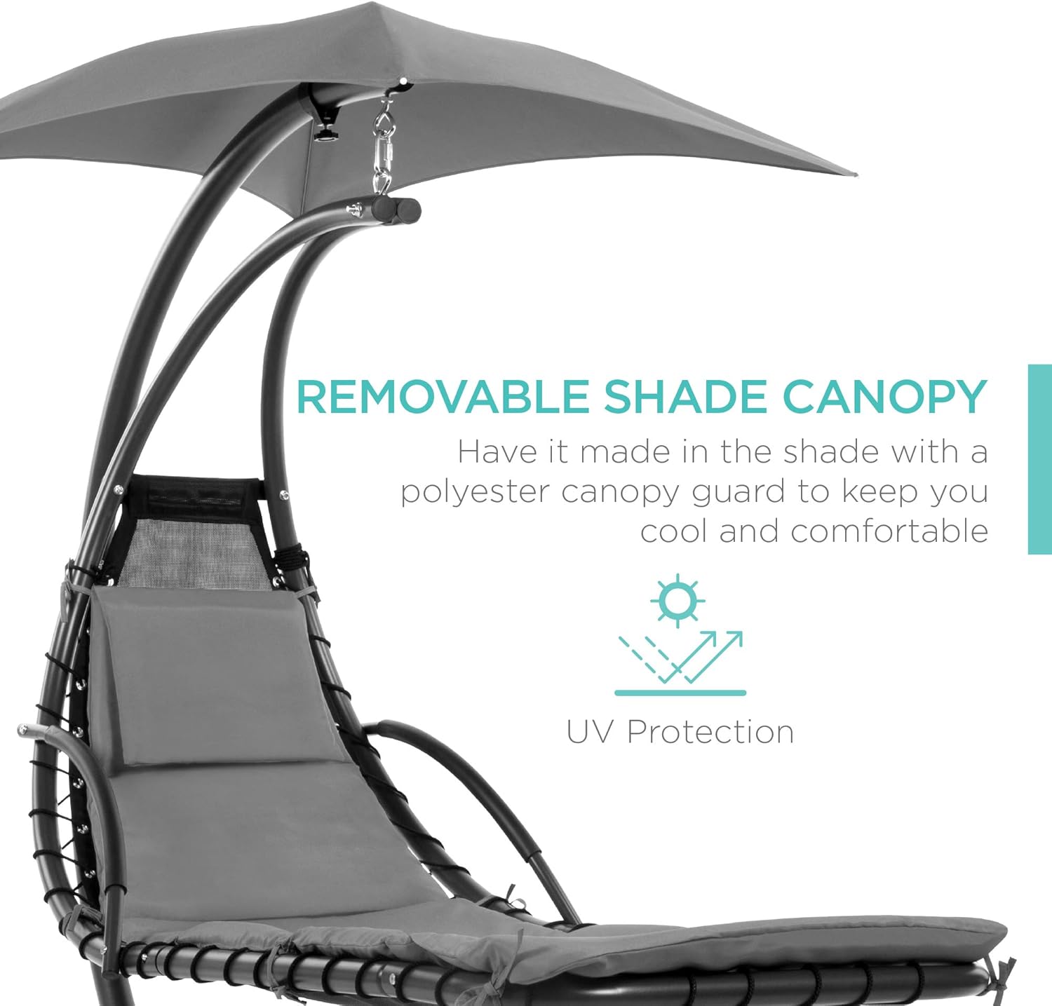 Best Choice Products Outdoor Hanging Curved Steel Chaise Lounge Chair Swing w/Built-in Pillow and Removable Canopy - Charcoal Gray wourant