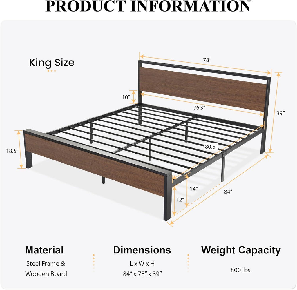 SHA CERLIN 14 Inch Full Size Metal Platform Bed Frame with Wooden Headboard and Footboard wourant
