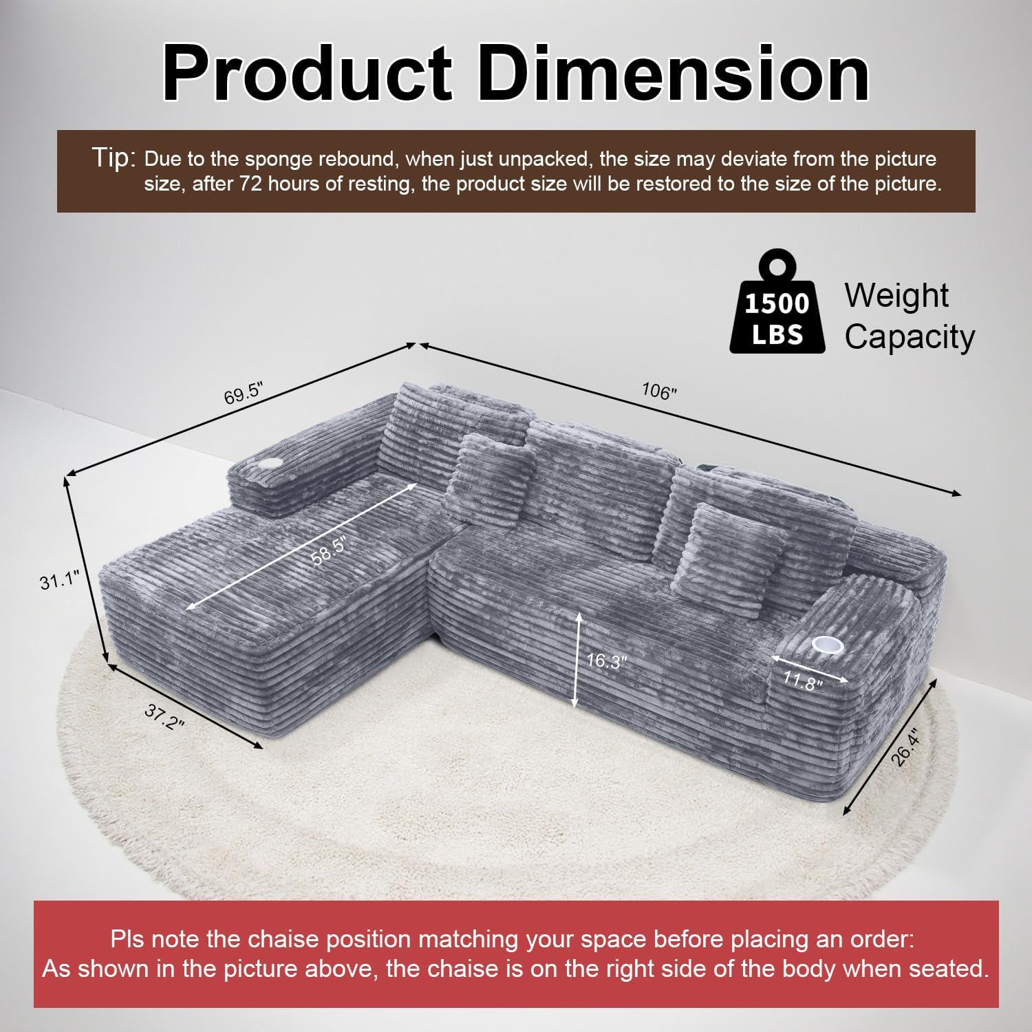 Cloud Sectional Couch with L-Shape Chaise, Modern Modular Sofa with Deep Seat, Built-in Cup Holder & Storage Pocket for Living Room Bedroom, No Assembly Required (Dark Gray, Left Sitting Chaise) wourant
