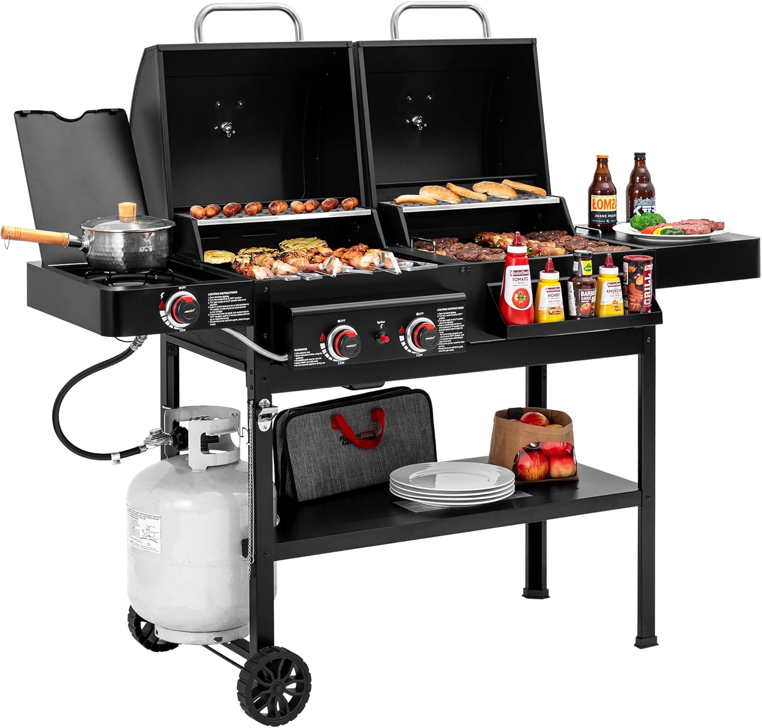 2-Burner Gas and Charcoal Grill Combo with Offset Smoker & Side Burner, 34,000 BTU Dual wourant