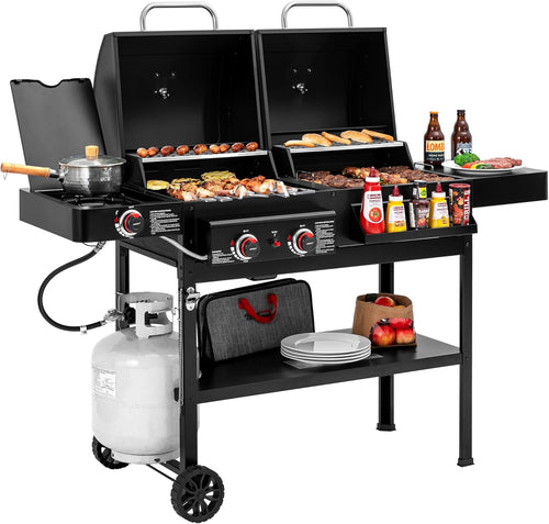 2-Burner Gas and Charcoal Grill Combo with Offset Smoker & Side Burner, 34,000 BTU Dual wourant