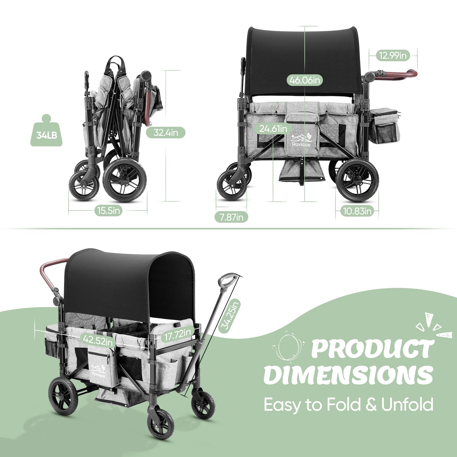 Wagon Stroller for 2 Kids,Premium Wagon for Kids with Removable Canopy, Snack Tray, Convertible Baby Bassinet, 5-Point Safety Harness, All-Terrain PU Wheels & Adjustable Push/Pull Handle,Grey wourant